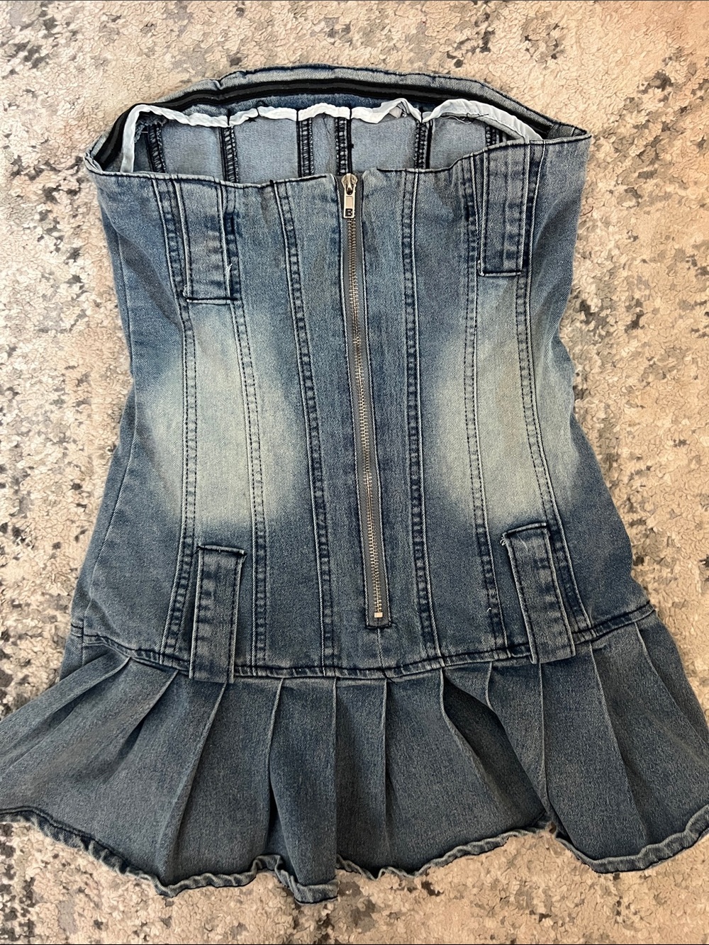 Y2K Acid Wash Denim Corset Mini Dress Pleated Skater Sz S - Picture 6 of 7